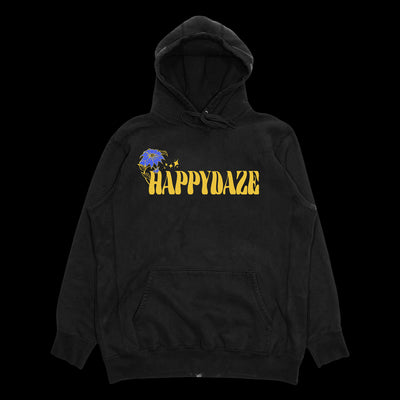 Image of a black hooded sweatshirt against a transparent background. The hoodie says Happydaze in a yellow wavy font. To the left of the word is a yellow and blue flower with yellow sparkly stars.