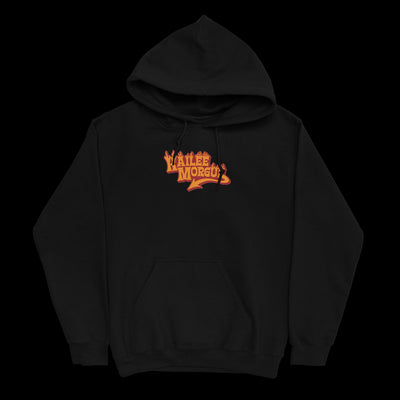 Image of a black hooded sweatshirt against a transparent background. The center of the hoodie says "kailee morgue" in orange letters with a red outline. The letters have a fire effect on top of them, and the E in morgue has a long tail that looks like a devil's tail.