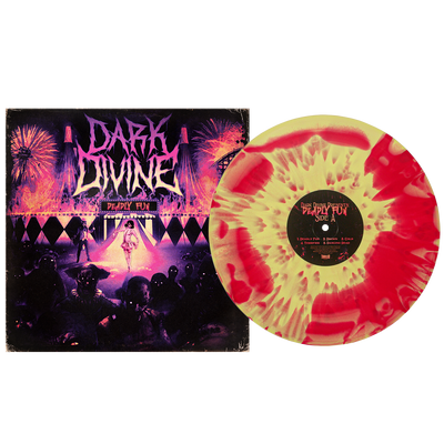 A limited edition Opaque Magenta vinyl with purple splatters by Dark Divine sits beside its full color sleeve, featuring the band name above a carnival scene with fireworks and shadowy figures.