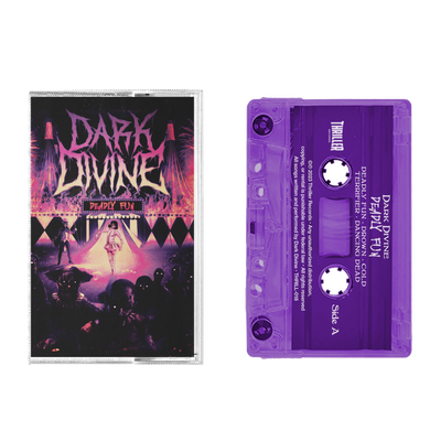 A limited edition purple-tinted cassette from Dark Divine titled "Deadly Fun" sits beside its Norelco box, which displays vibrant neon artwork of a stage scene with performers and an audience.