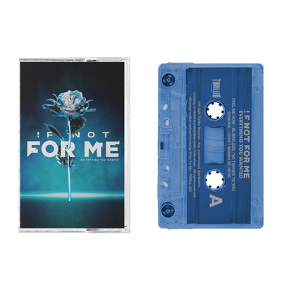 Cassette tape with blue rose design and text on a white background