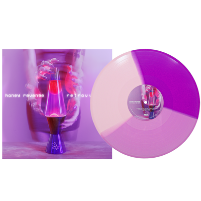 A pink and purple Opaque Neon Violet limited edition vinyl by Honey Revenge is displayed beside its album cover, featuring hands over a glowing lava lamp and "honey revenge — retrovision" in lowercase white text on the 12" jacket.