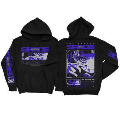 Not Enough Space black Gildan hoodie with striking purple and white anime-style graphic, fierce character face, and “Not Enough Space” in a futuristic font—bold streetwear for those ready to channel their rage.