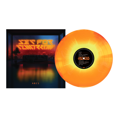 A limited edition orange-yellow vinyl sits beside its album cover, showing "Set For Tomorrow" in neon above a futuristic sunset cityscape. The bold 12" jacket displays the album title "ARCS" at the bottom.