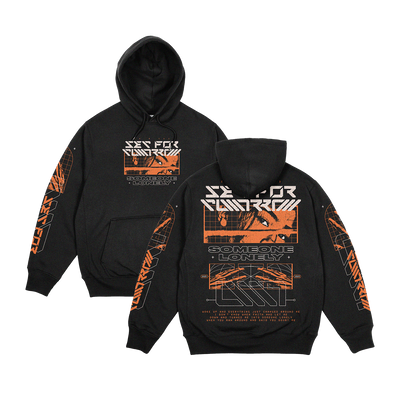 Set For Tomorrow black hoodie featuring bold orange and white futuristic graphics, geometric shapes, digital patterns, and the phrases SEE FOR TOMORROW and SOMEONE LONELY, printed on cozy Gildan fabric.