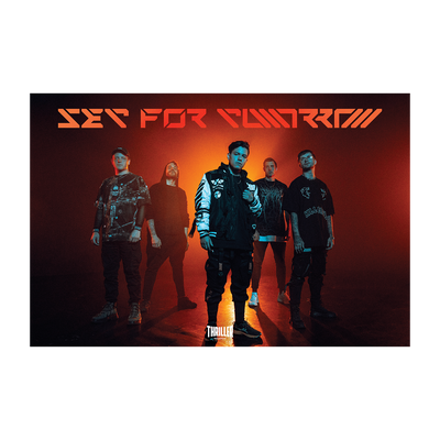 Five people in dark, edgy outfits stand in a smoky red-lit scene, with "Set For Tomorrow" displayed above them in bold, futuristic letters. The exclusive Thriller logo appears at the bottom center. Brand: Set For Tomorrow.