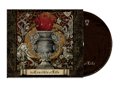 An ornate Digipak album cover by The Home Team features a large flaming urn, surrounded by detailed elephant, bird, and reptile illustrations. "The Crucible of Life" is the title, with the CD and tracklist partially visible on the right.