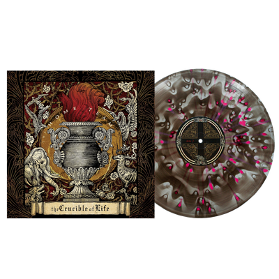 The Home Team’s "The Crucible of Life" features an ornate, medieval-style album cover and a limited edition marbled gray vinyl with black and pink splatters—making this colored vinyl a truly unique collectible.