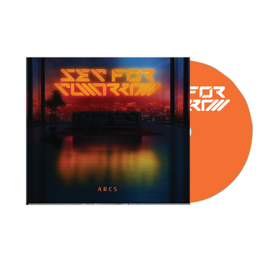 A CD from Set For Tomorrow with an orange disc partially visible behind its cover, which displays neon "SET FOR FLUMRA" text above a modern, dimly lit room with city lights. Includes a 6-page insert and the word "ARCS" at the bottom.