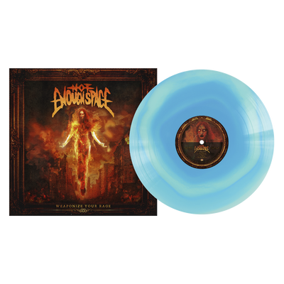 Album cover for Not Enough Space's Weaponize Your Rage depicts a fiery figure before ruins. Comes with an opaque cyan vinyl and matching label in a striking 12” jacket. Limited edition release from Not Enough Space.