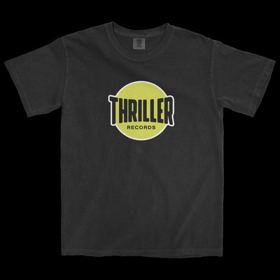 Image of a black tshirt against a transparent background. the front of the shirt features the thriller records logo- a yellow circle outlined in white. Across the circle in black it says thriller records. The word thriller is larger than the word records.