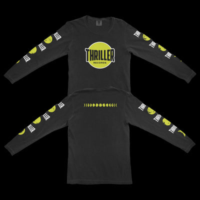 Image of the front and back of a black longsleeve shirt.  The front of the shirt has the thriller records logo of a yellow filled in circle with a white outline and black text that says thriller records. The sleeves have a pattern that say thriller in white text and a yellow circle. The back of the longsleeve features moon phases across the top shoulder area in yellow.
