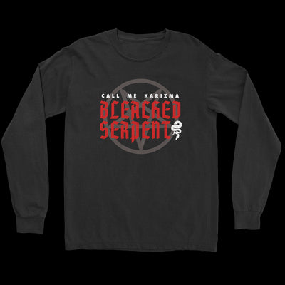 Image of a black long sleeve shirt against a transparent background. The tshirt has a grey pentagram in the center of it. In white text over that it says call me karizma. Below that in red text it says bleached serpent and there is a white snake next to the word serpent.