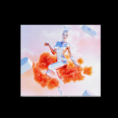 Image of a cd case against a transparent background. The CD is for Riley- Loss Angeles. The album artwork features a graphic of a woman who is in an aluminum colored suit with an angel halo over her head, sitting on red and orange clouds. Around her is a barbed wire design in an off white color. She is holding a pill bottle in one hand, and resting her hand slightly behind her on the cloud.