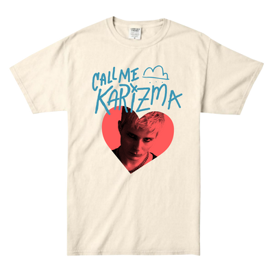 Photo of a white tshirt against a transparent background. in blue teal text reads "call me karizma". There is a drawing of a cloud in teal next to the words call me. Below the text is a red heart with a photo of a man in the center.