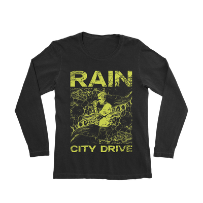 Image of a black longsleeve against a transparent background. In yellow text reads "rain city drive". The word rain is above the image in the center, and the words city drive are below the image in the center of the shirt. The center of the shirt is a live image of matt from the band singing. This is also in yellow. 