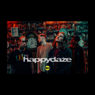 Image of a band poster against a transparent background. The poster features a photo of the 4 members of happydaze, standing in a room with many books and clocks. One member looks at the camera, while the others look off to the side or upwards. across the center of the poster it says happydaze in a white text. below that is the thriller records logo of a yellow circle with black text that says thriller records and is outlined in white.